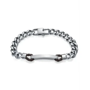 A stylish silver chain bracelet featuring dark brown leather accents and a sleek metallic bar centerpiece.