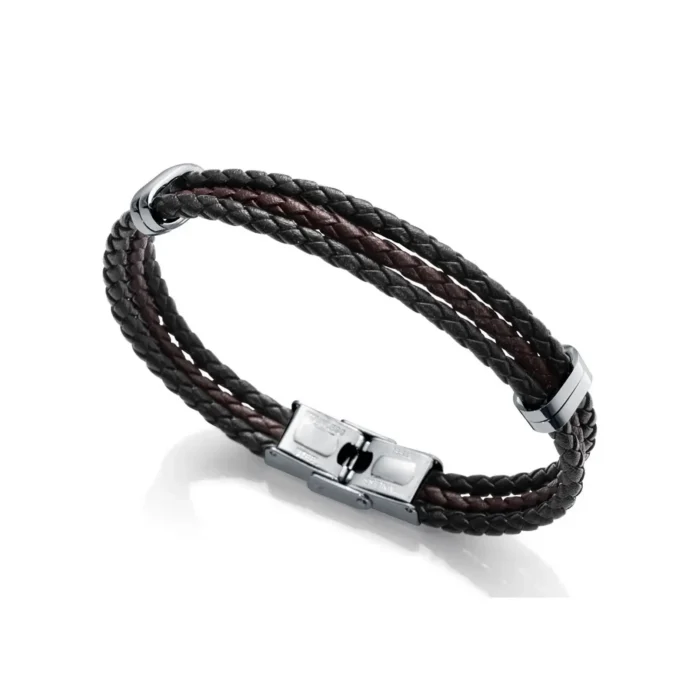Stylish leather bracelet with braided dark brown and black strands, featuring a sleek metal clasp.