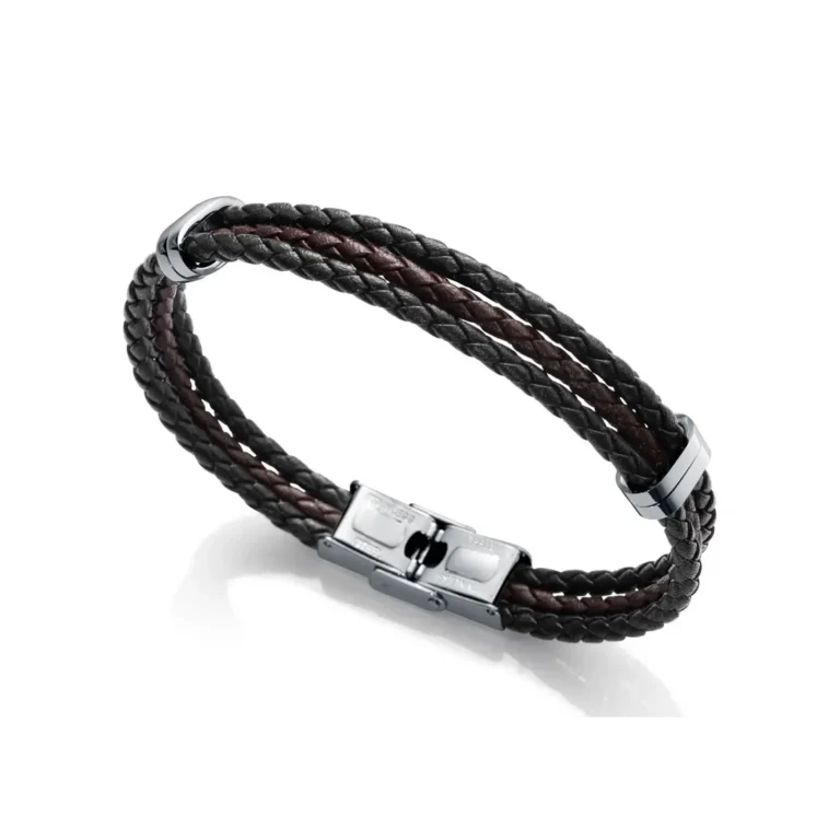 Stylish leather bracelet with braided dark brown and black strands, featuring a sleek metal clasp.