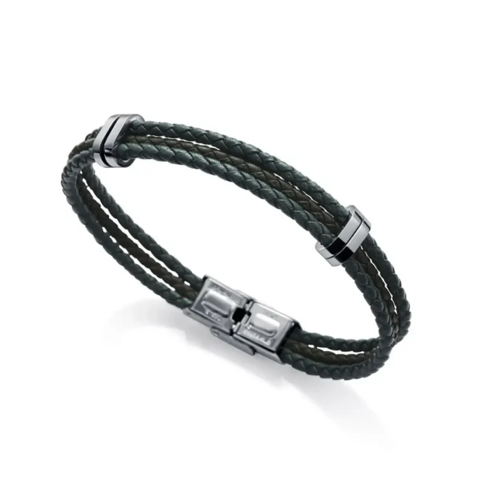 1325P01016 Dark braided leather bracelet with sleek metallic accents and a secure clasp, showcasing a modern and stylish design.