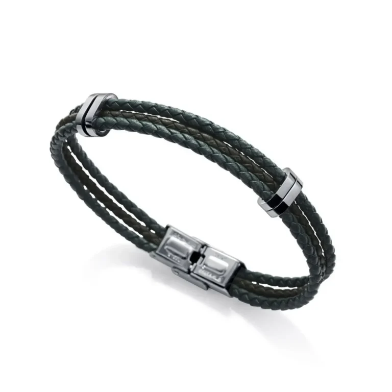 Dark braided leather bracelet with sleek metallic accents and a secure clasp, showcasing a modern and stylish design.
