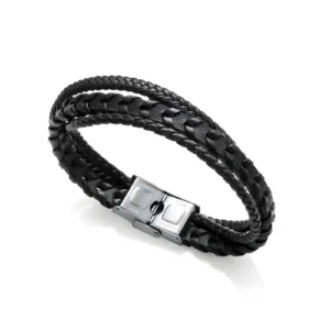 Black braided leather bracelet with a sleek silver clasp, elegantly coiled into a fashionable accessory.