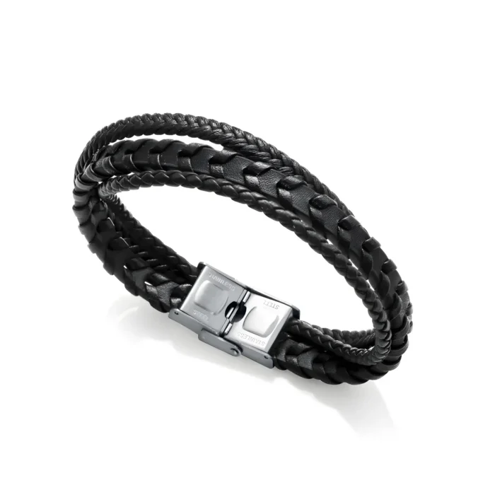 1334P01010 Black braided leather bracelet with a sleek silver clasp, elegantly coiled into a fashionable accessory.