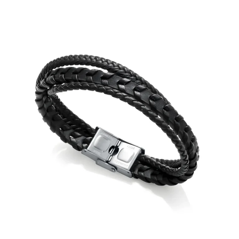 Black braided leather bracelet with a sleek silver clasp, elegantly coiled into a fashionable accessory.