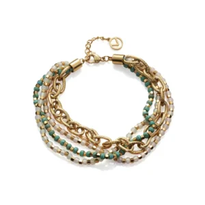 Elegant multi-strand bracelet featuring gold chains, teal and gold beads, and glass accents, finished with a clasp and tag.