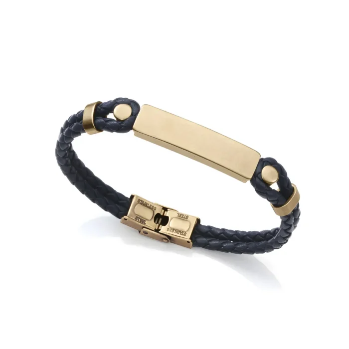 1387P01013 A stylish navy braided leather bracelet featuring a sleek gold-tone metal plate and a secure clasp.