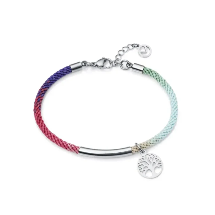 1394P01019 Colorful braided bracelet featuring a tree of life charm and silver accents, blending purple, pink, green, and beige tones.
