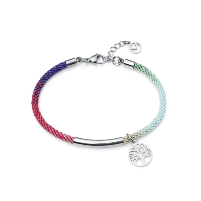 Colorful braided bracelet featuring a tree of life charm and silver accents, blending purple, pink, green, and beige tones.