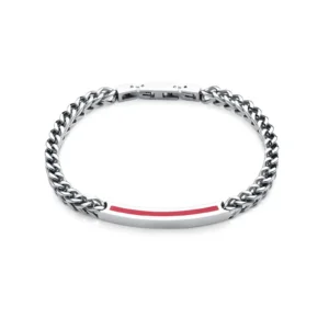A stylish silver chain bracelet featuring a sleek metal bar with a vibrant red accent.