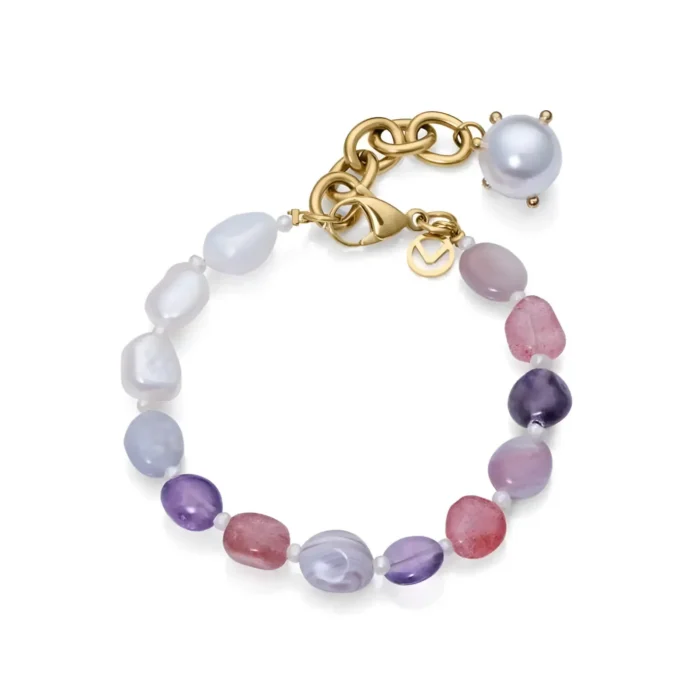 A stylish bracelet featuring a mix of colorful beads, including pearls and gemstones, with a gold-tone clasp and chain.