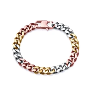 A stylish chain bracelet featuring interlocked links in rose gold, silver, and yellow gold tones, secured with a clasp.