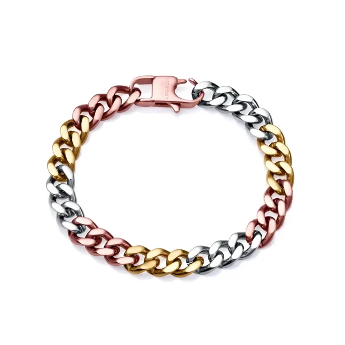 A stylish chain bracelet featuring interlocked links in rose gold, silver, and yellow gold tones, secured with a clasp.