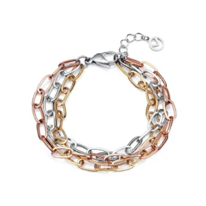 Stylish multi-metal chain bracelet featuring alternating silver, gold, and rose gold links, with a lobster clasp closure.