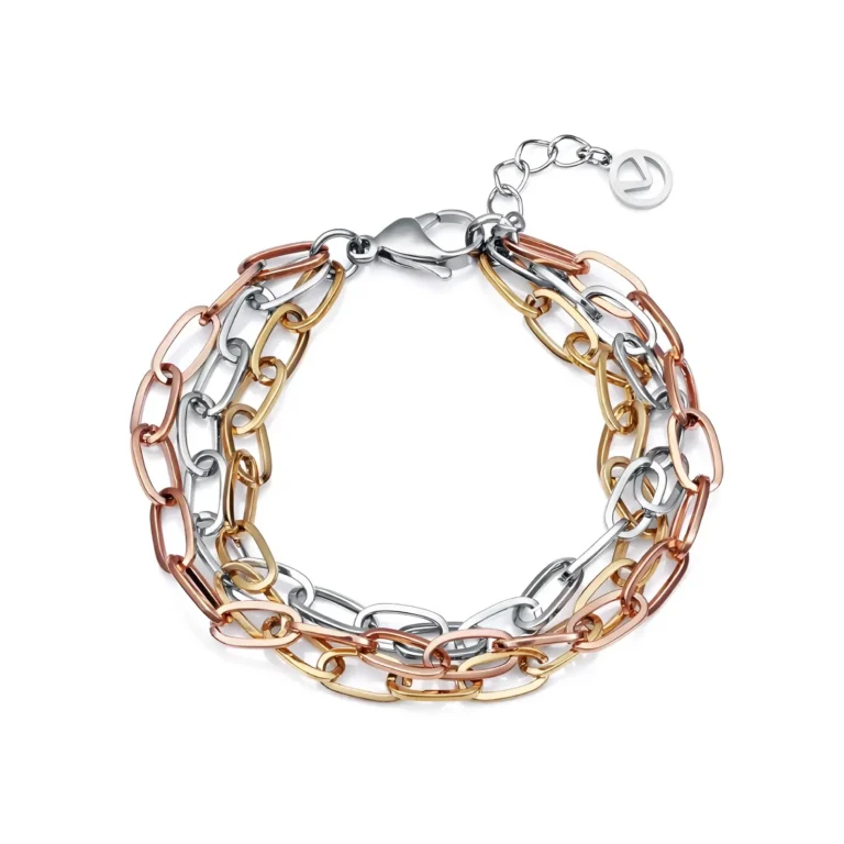 Stylish multi-metal chain bracelet featuring alternating silver, gold, and rose gold links, with a lobster clasp closure.