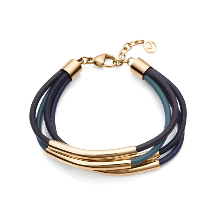 1459P09011 Elegant multi-strand bracelet featuring navy and teal rubber bands with sleek gold accents and a lobster clasp closure.