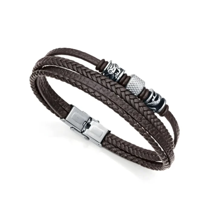 1473P01011 A stylish braided brown leather bracelet featuring silver charms and a sleek clasp, perfect for casual or edgy outfits.