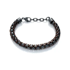 Stylish bracelet featuring dark beads woven with brown leather, secured with a black clasp and adjustable chain.