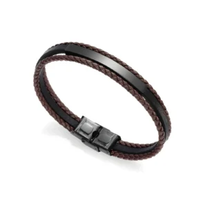 Stylish brown braided leather bracelet with a sleek black metal clasp, perfect for casual or formal wear.