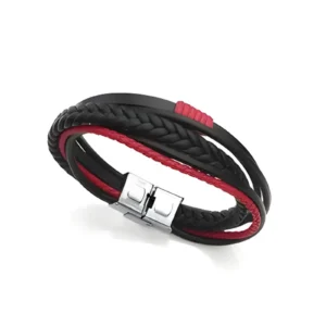 A stylish braided leather bracelet featuring black and red bands with a silver clasp, showcasing modern design and elegance.