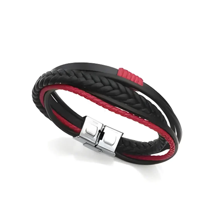 A stylish braided leather bracelet featuring black and red bands with a silver clasp, showcasing modern design and elegance.