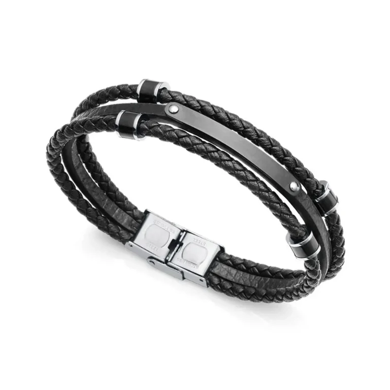 A stylish black braided leather bracelet featuring silver accents and a secure clasp for a modern look.
