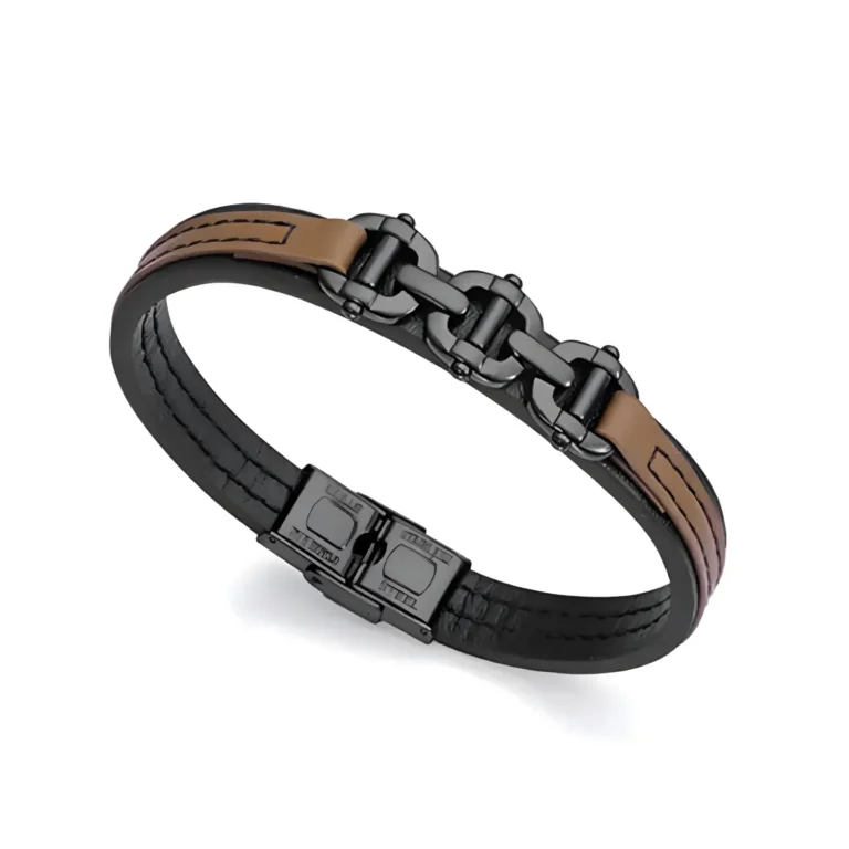 Stylish bracelet featuring a combination of black leather and alternating metallic links with a brown accent for added sophistication.