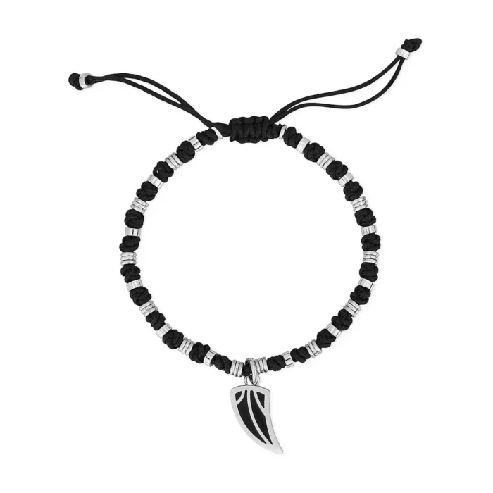 A black adjustable bracelet featuring a silver-toned metal charm shaped like a claw, accented with small beads.