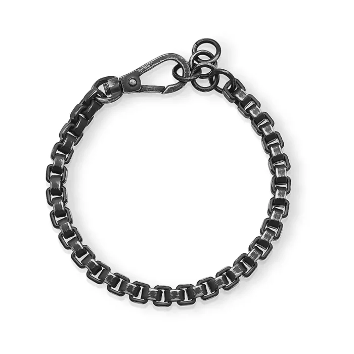 A stylish black chain bracelet with a lobster clasp and interlocking links, exuding a modern, edgy aesthetic.