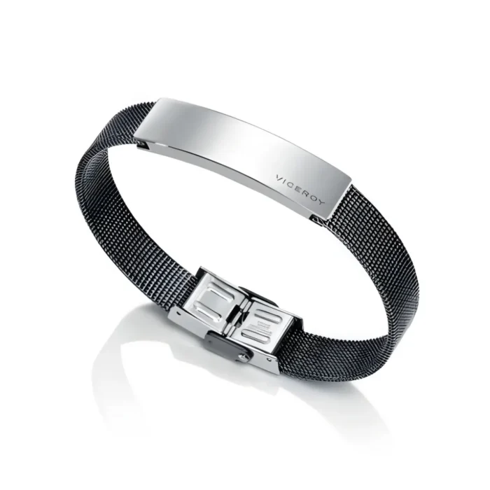 Sleek Viceroy bracelet with a polished silver plaque on a black woven mesh band and secure clasp. Elegant and modern design.