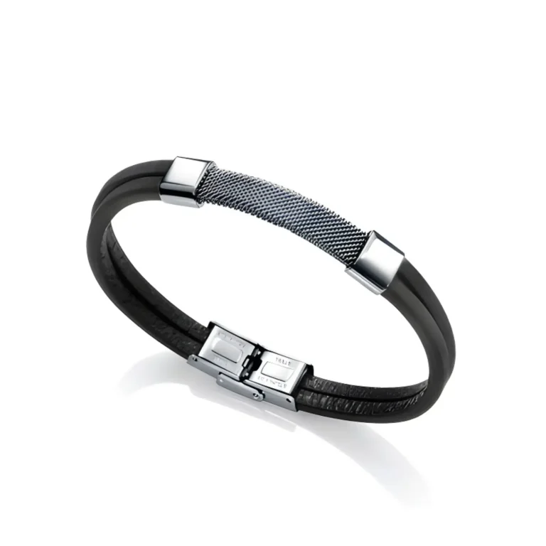 A stylish black leather bracelet with a silver mesh accent and sleek metallic clasp, exuding modern elegance.