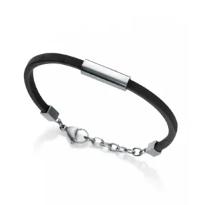 A sleek black leather bracelet with minimalist silver accents and a secure clasp, perfect for modern, understated style.