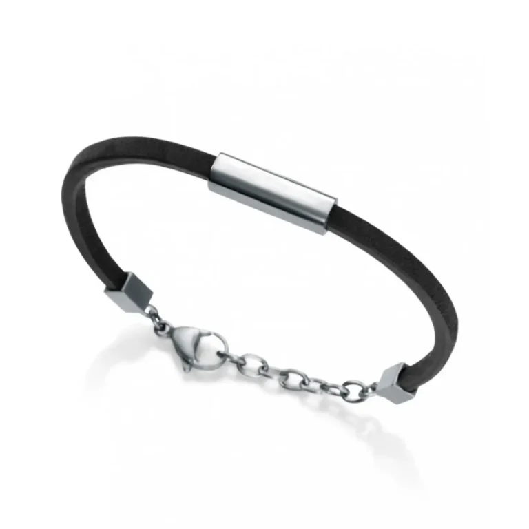 A sleek black leather bracelet with minimalist silver accents and a secure clasp, perfect for modern, understated style.