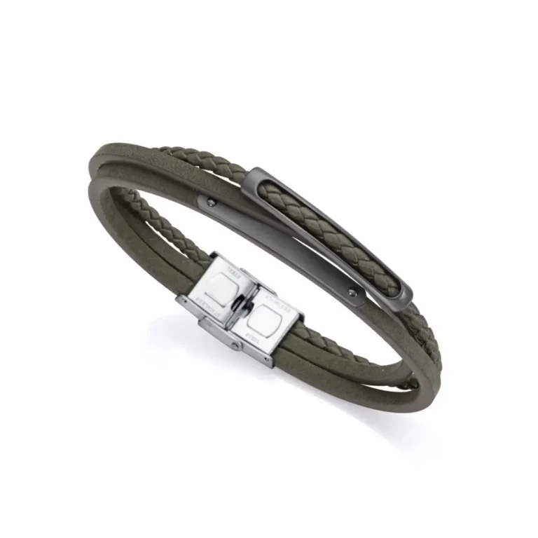 Stylish braided olive green leather bracelet with a sleek metal clasp and accent, perfect for casual or elegant outfits.