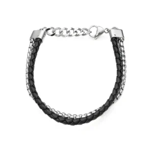 Black braided leather bracelet with silver chain accents and a lobster clasp closure. Stylish and modern accessory.