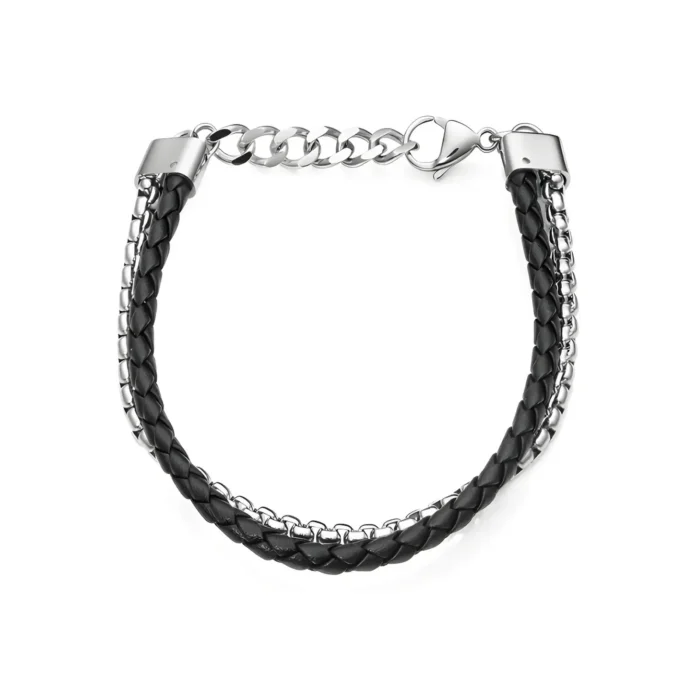 6478P01010 Black braided leather bracelet with silver chain accents and a lobster clasp closure. Stylish and modern accessory.