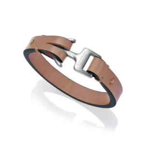 A stylish brown leather bracelet featuring a sleek silver clasp, showcasing a modern yet classic design.