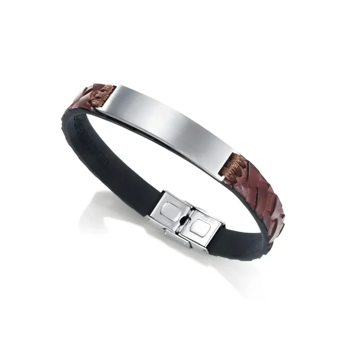 75067P01011 Stylish bracelet featuring a woven brown leather design paired with a metallic clasp and a polished silver plate.