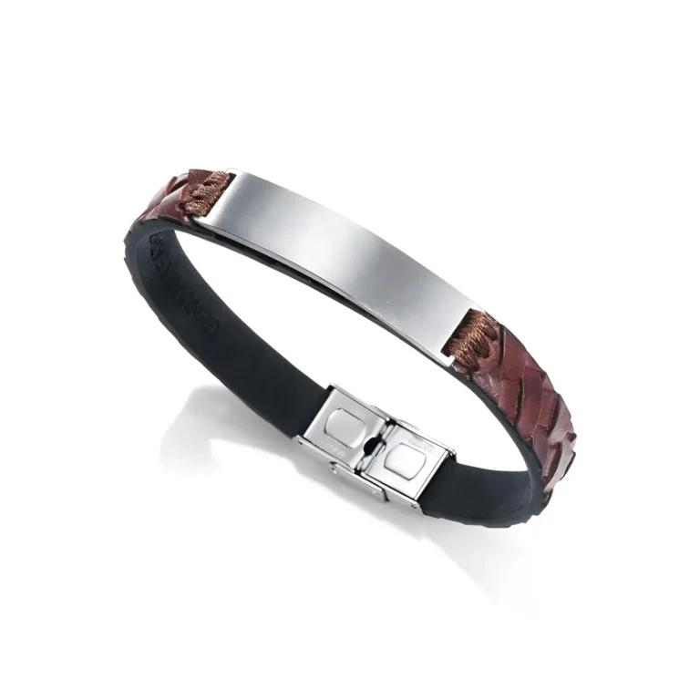 Stylish bracelet featuring a woven brown leather design paired with a metallic clasp and a polished silver plate.