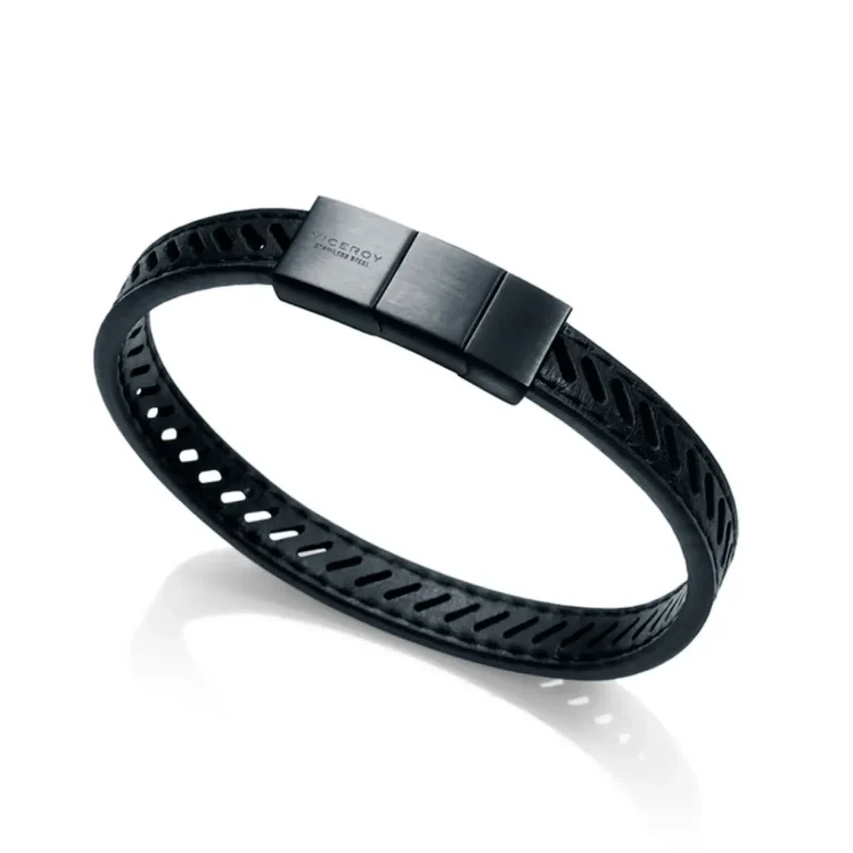 Stylish black bracelet featuring a sleek design with a stainless steel clasp and a cut-out pattern along the band.