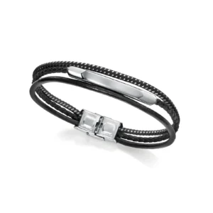 A sleek black braided bracelet with a silver clasp and a smooth central bar, embodying modern elegance and style.