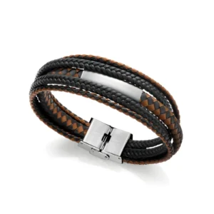 A stylish braided leather bracelet featuring black and brown strands, secured with a sleek silver clasp.