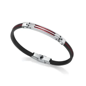 Elegantiška juoda apyrankė su sidabro akcentais ir subtiliomis raudonomis juostelėmis - tai modernus ir stilingas dizainas.