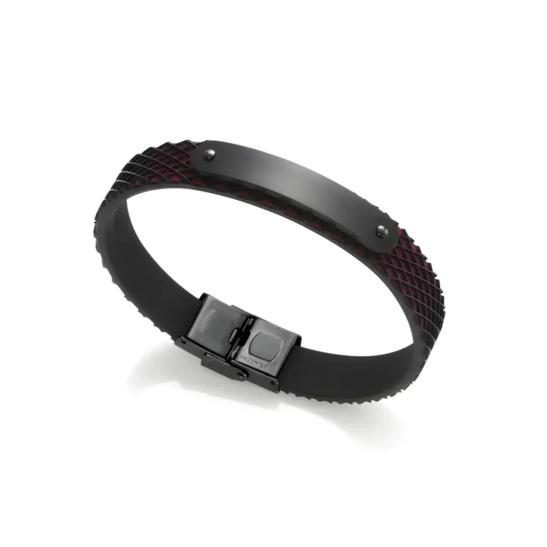 Black rubber bracelet with textured red accents and a sleek clasp, designed for a modern and sporty look.