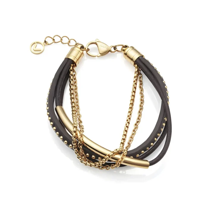 A stylish bracelet featuring black leather strands, gold chains, and metallic accents, showcasing a modern and trendy design.
