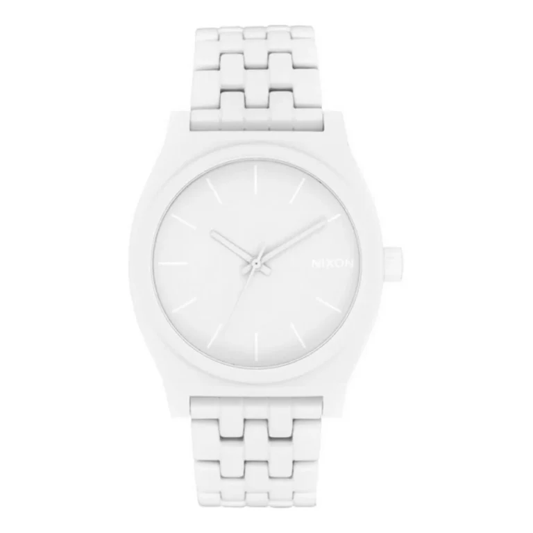 White Nixon watch with a minimalist design, featuring a smooth white face, simple hour markers, and a matching band.