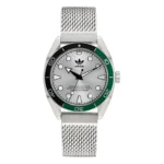 Stylish Adidas watch featuring a silver dial, green accents, and a mesh band; ideal for casual and sporty looks.