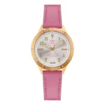 Gold and pink Adidas watch with a silver dial, featuring hour markers and a stylish pink leather strap.