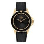 ADIDAS AOFH23015 Gold-tone watch with a black dial and Adidas logo, featuring a textured black strap for a stylish, sporty look.