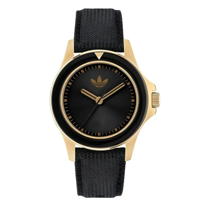 ADIDAS AOFH23015 Gold-tone watch with a black dial and Adidas logo, featuring a textured black strap for a stylish, sporty look.