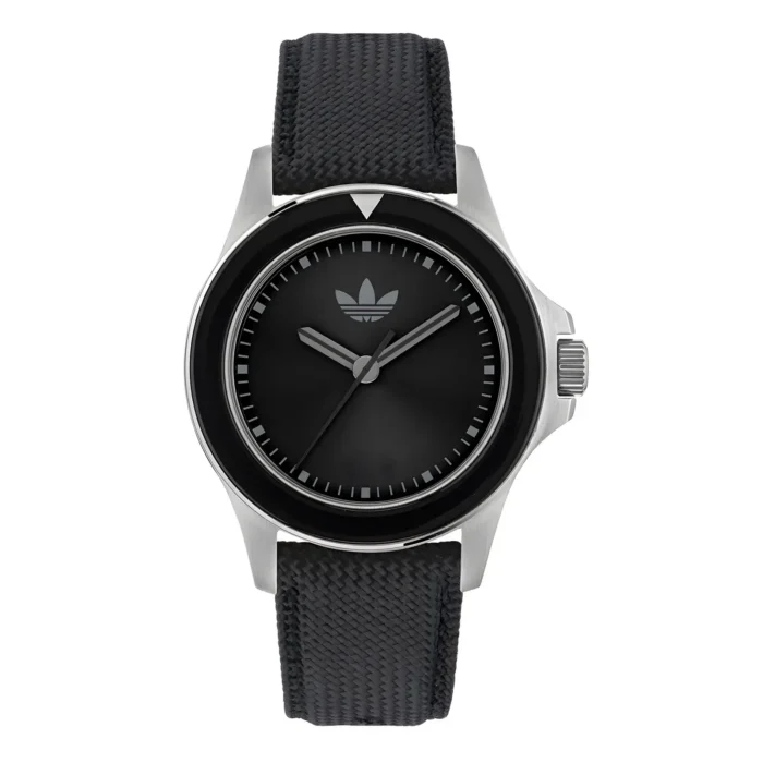 ADIDAS AOFH23016 Black Adidas watch with a sleek stainless steel case, minimalist dial, and textured black strap featuring the iconic logo.